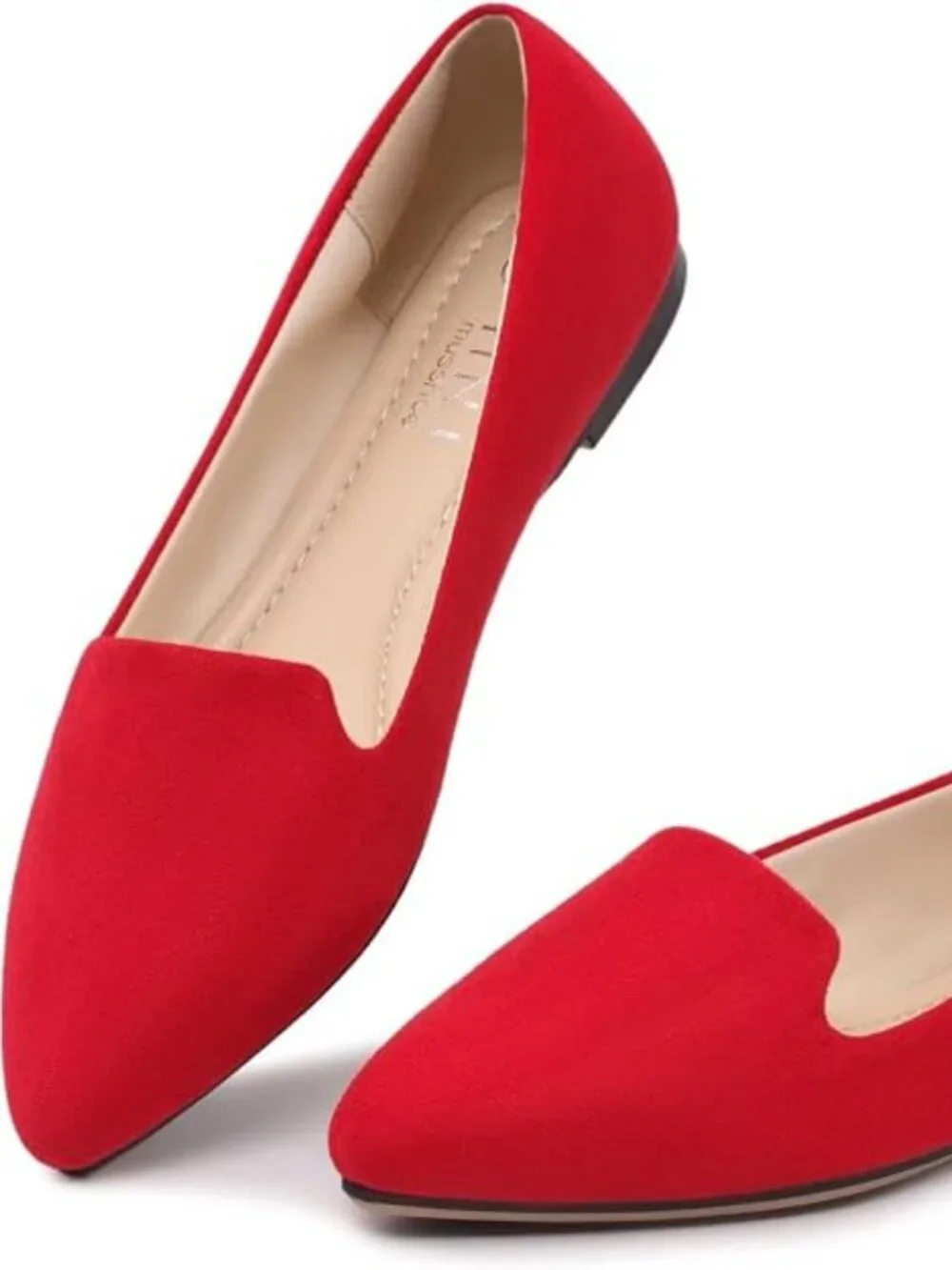Women's Red Suede Comfortable Pointed Toe Memory Foam Casual Slip On Flat Shoes